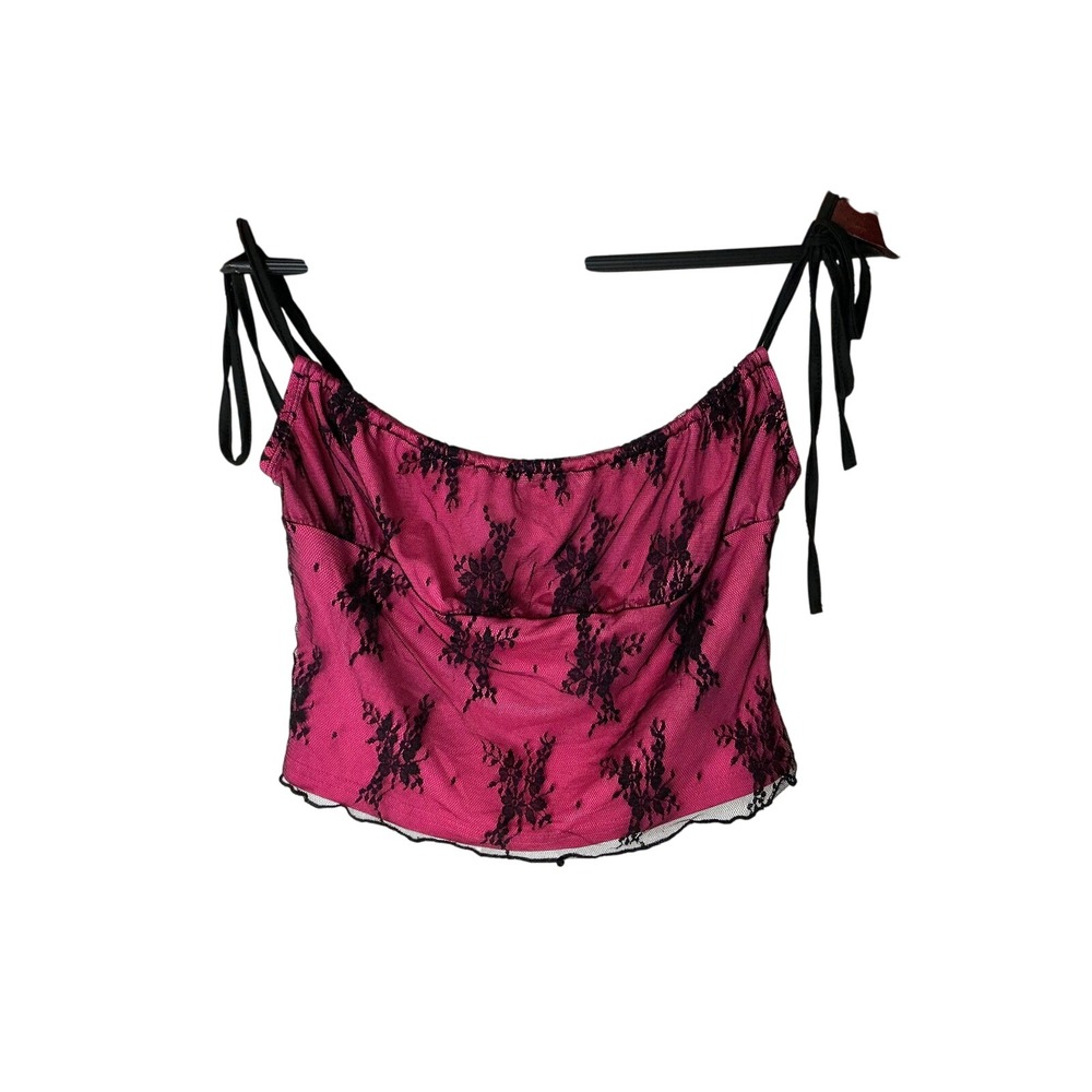 Pink Lace‎ Cami Top - Black Trim Y2K Spaghetti Strap Sweetheart Crop